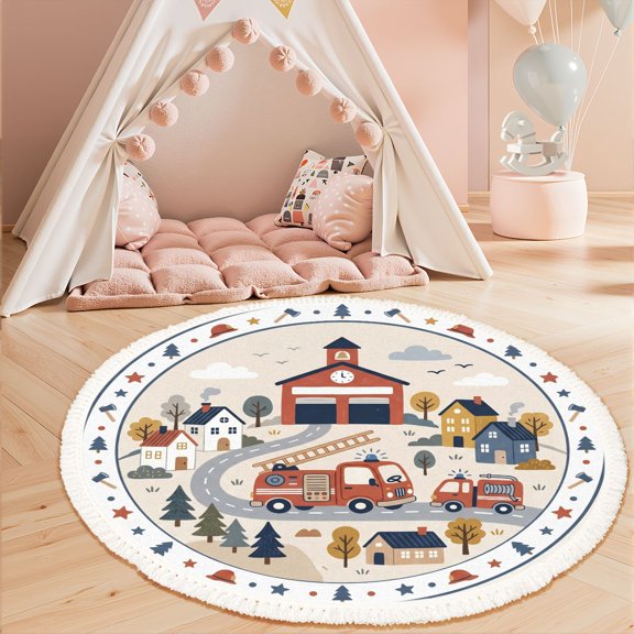 Washable Non Slip 3ft Round Rug, Playful Fire Station Scene Fire Trucks Colorful Houses Cartoon Circle Area Rugs with Tassels Crawling Play Mat Nursery Carpet for Children Toddlers Bedroom