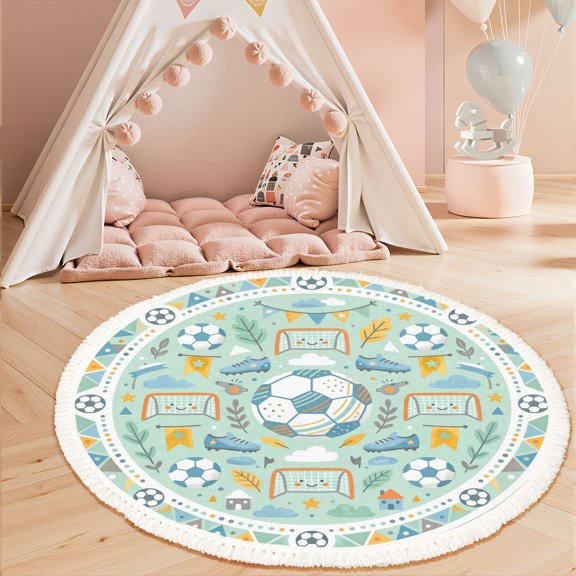 Washable Non Slip 3ft Round Rug, Playful Soccer Themed Mandala Balls Shoes Goals Mint Circle Area Rugs with Tassels Crawling Play Mat Nursery Carpet for Children Toddlers Bedroom