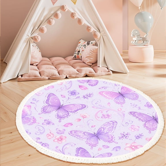 Washable Non Slip 3ft Round Rug, Purple Butterflies Blossoms Soft Pastel Colors Circle Area Rugs with Tassels Carpet for Nursery Bedroom Living Room Playroom Tent rug Tent Castle