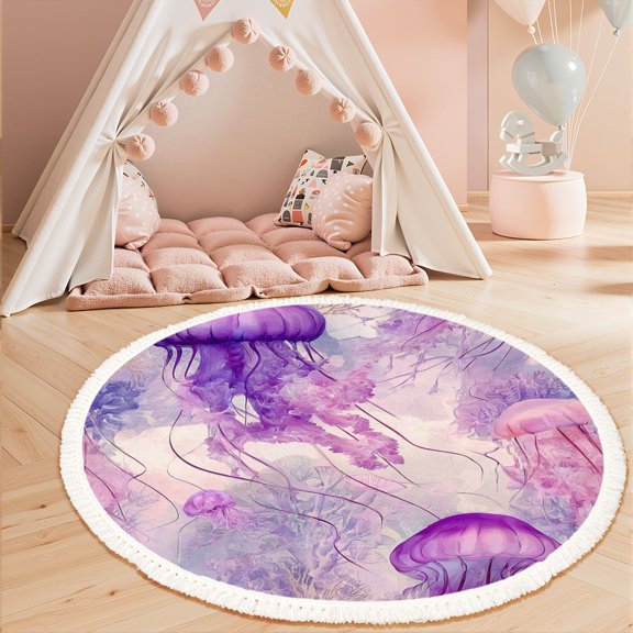 Washable Non Slip 3ft Round Rug, Purple Jellyfish Underwater Abstract Art Soft Tones Circle Area Rugs with Tassels Carpet for Nursery Bedroom Living Room Playroom Tent rug Tent Castle