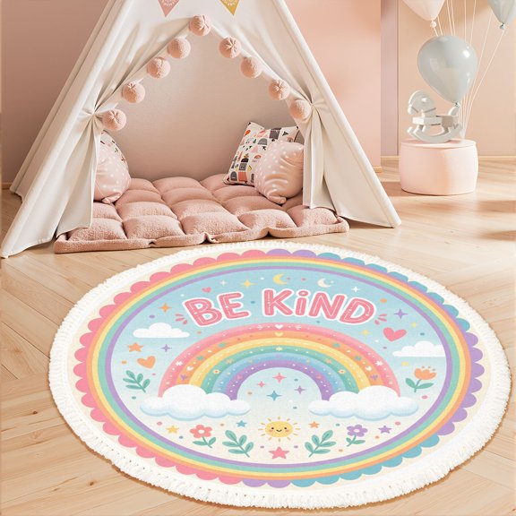 Washable Non Slip 3ft Round Rug, Rainbow Be Kind Inspirational Typography Pastel Clouds Stars Flowers Nursery Rugs with Tassels Carpet for Calming Corner Home Bedroom Playroom Decor