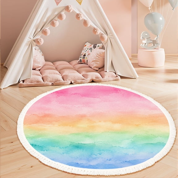 Washable Non Slip 3ft Round Rug, Rainbow Pastels Watercolor Rainbow watercolor brush stroke Circle Area Rugs with Tassels Carpet for Nursery Bedroom Living Room Playroom Tent rug Tent Castle