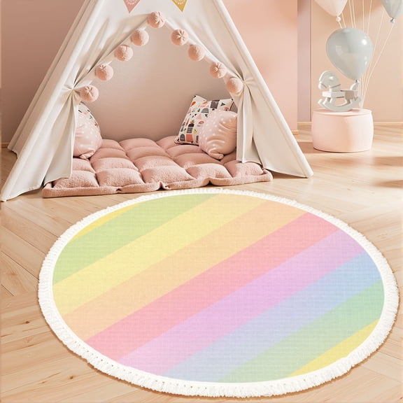 Washable Non Slip 3ft Round Rug, Rainbow diagonal striped Seamless pastel colorful lines Circle Area Rugs with Tassels Carpet for Nursery Bedroom Living Room Playroom Tent rug Tent Castle