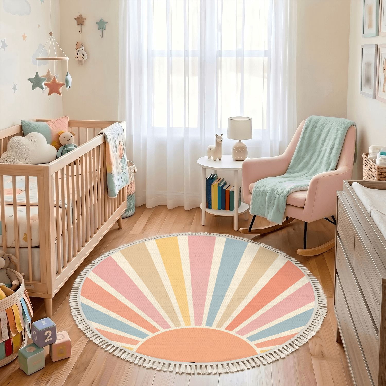 Washable Non Slip 3ft Round Rug, Retro Pastel Sunburst Circle Area Rugs ...