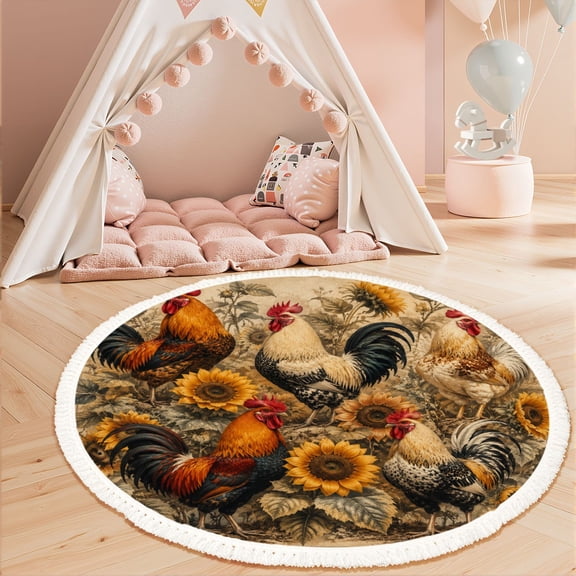 Washable Non Slip 3ft Round Rug, Roosters Sunflowers Vintage Floral Cream Circle Area Rugs with Tassels Carpet for Nursery Bedroom Living Room Playroom Tent Rug Tent Castle
