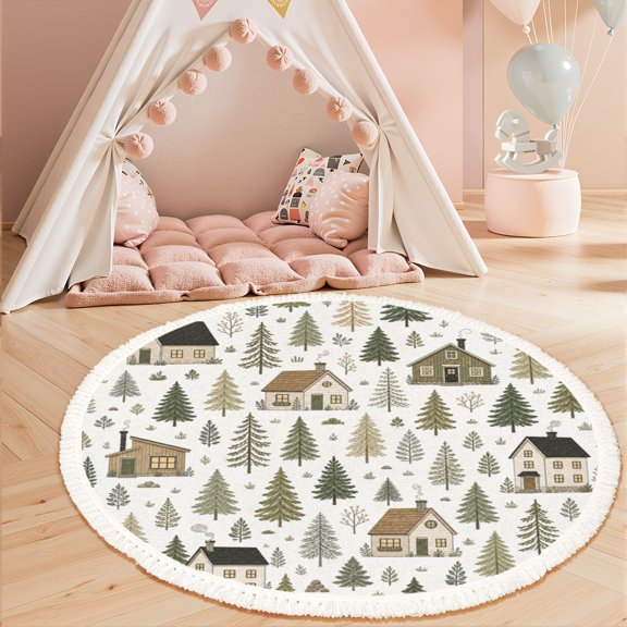 Washable Non Slip 3ft Round Rug, Rustic Forest Cabin Evergreen Trees Neutral Tones Circle Area Rugs with Tassels Carpet for Nursery Bedroom Living Room Playroom Tent rug Tent Castle