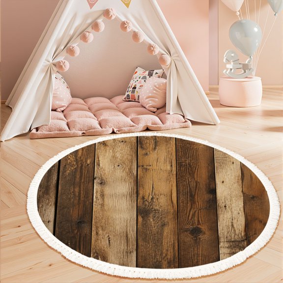 Washable Non Slip 3ft Round Rug, Rustic Wooden Plank Flooring Dark Light Tones Circle Area Rugs with Tassels Carpet for Nursery Bedroom Living Room Playroom Tent rug Tent Castle