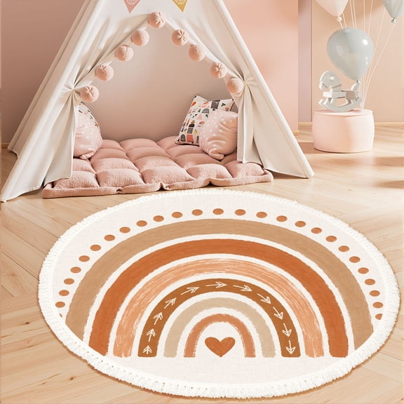 Washable Non Slip 3ft Round Rug, Scandinavian Nursery Boho Rainbow Print Circle Area Rugs with Tassels Carpet for Nursery Bedroom Living Room Playroom Tent rug Tent Castle