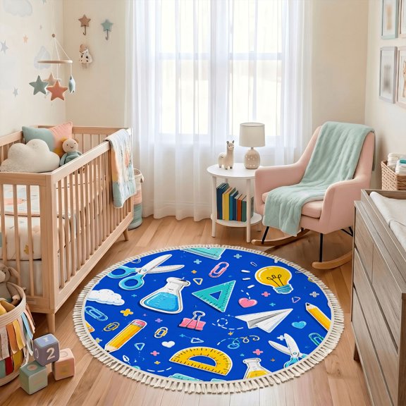 Washable Non Slip 3ft Round Rug, School Supplies Scissors Pencils Rulers Science Icons Blue Circle Area Rugs with Tassels Carpet for Nursery Bedroom Living Room Playroom Tent Rug