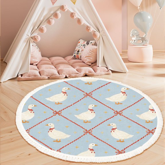 Washable Non Slip 3ft Round Rug, Seamless White Ducks Red Bows Blue Decorative Rope Design Circle Nursery Rugs with Tassels Carpet for Bedroom Living Room Playroom Decor Tent Rug