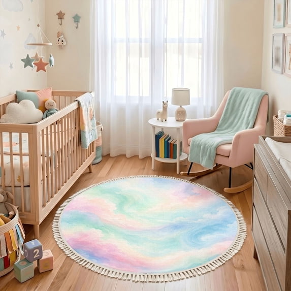Washable Non Slip 3ft Round Rug, Soft Pastel Abstract Swirls Circle ...