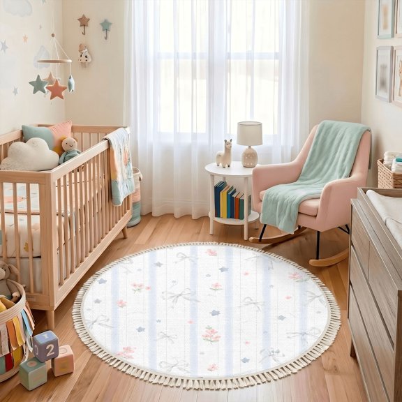 Washable Non Slip 3ft Round Rug, Soft Pastel Ribbon Bows Pink Flowers Blue Stars Striped Circle Area Rugs with Tassels Carpet for Nursery Bedroom Living Room Playroom Tent Rug