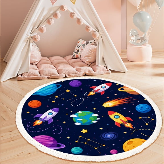 Washable Non Slip 3ft Round Rug, Space theme Solar system kids cartoon planet Rocket UFO Circle Area Rugs with Tassels Carpet for Nursery Bedroom Living Room Playroom Tent Rug