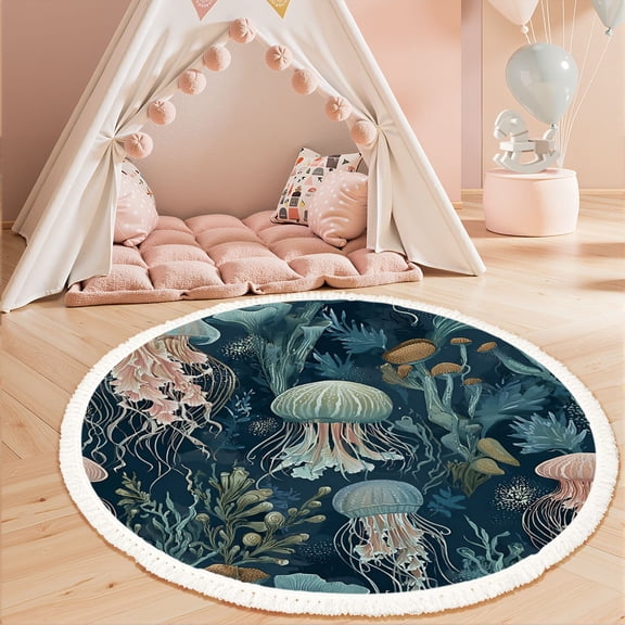 Washable Non Slip 3ft Round Rug, Underwater Jellyfish Seaweed Ocean Flora Soft Blue Pink Circle Area Rugs with Tassels Carpet for Nursery Bedroom Living Room Playroom Tent rug Tent Castle