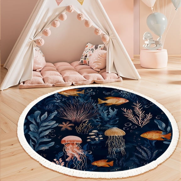 Washable Non Slip 3ft Round Rug, Underwater Ocean Scene Goldfish Jellyfish Colorful Circle Area Rugs with Tassels Carpet for Nursery Bedroom Living Room Playroom Tent rug Tent Castle