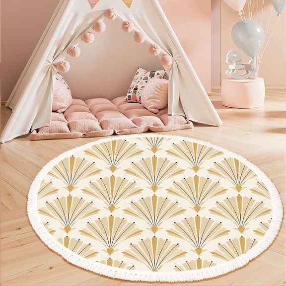 Washable Non Slip 3ft Round Rug, Vintage Art Deco Geometric decorative circles Retro White Circle Area Rugs with Tassels Carpet for Nursery Bedroom Living Room Playroom Tent Rug