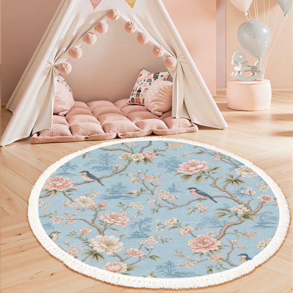 Washable Non Slip 3ft Round Rug, Vintage Floral Birds Light Blue Circle Area Rugs with Tassels Carpet for Nursery Bedroom Living Room Playroom Tent rug Tent Castle