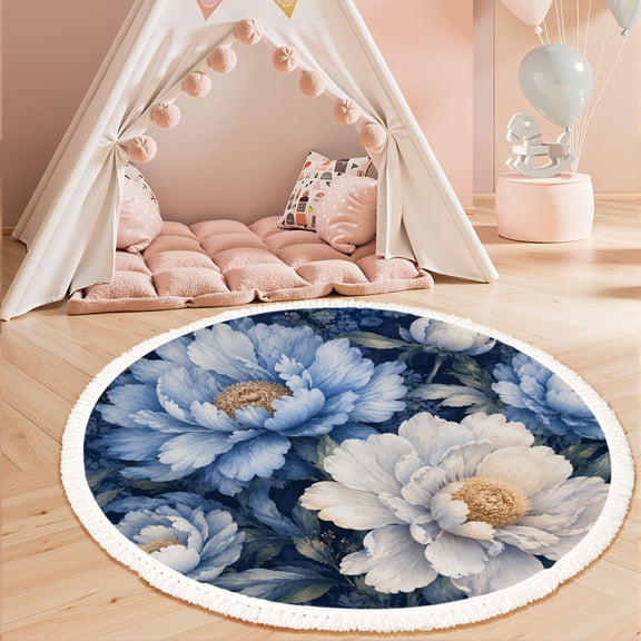 Washable Non Slip 3ft Round Rug, Vintage Floral Blue Chrysanthemums Dark Circle Area Rugs with Tassels Carpet for Nursery Bedroom Living Room Playroom Tent Rug Tent Castle