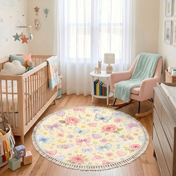 Washable Non Slip 3ft Round Rug, Vintage Floral Roses Bows Butterflies Stars Pastel Circle Area Rugs with Tassels Carpet for Nursery Bedroom Living Room Playroom Tent Rug