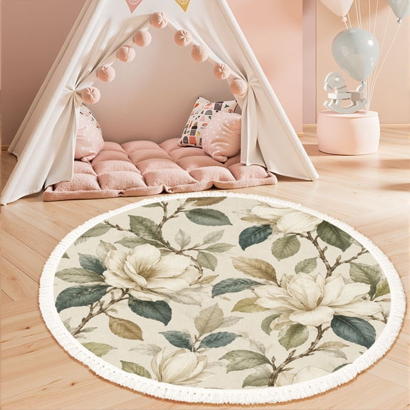Washable Non Slip 3ft Round Rug, Vintage Magnolia Floral Soft Earthy Tones Circle Area Rugs with Tassels Carpet for Nursery Bedroom Living Room Playroom Tent Rug Tent Castle