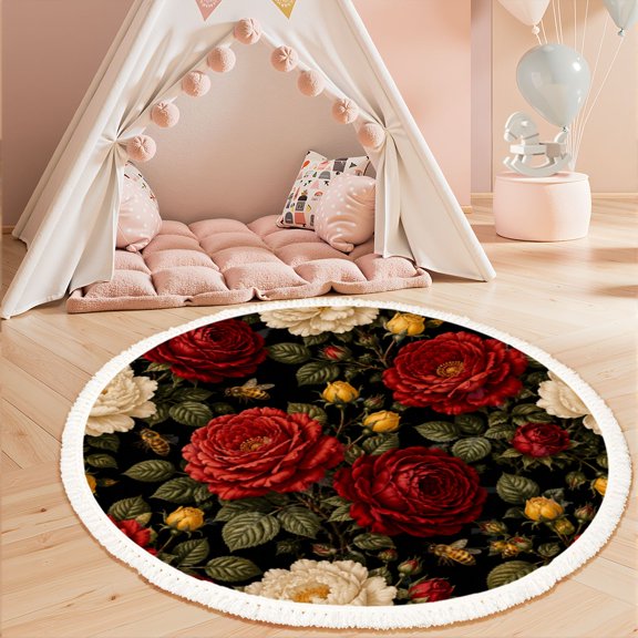 Washable Non Slip 3ft Round Rug, Vintage Style Red White Yellow Roses Bees Dark Circle Area Rugs with Tassels Carpet for Nursery Bedroom Living Room Playroom Tent rug Tent Castle