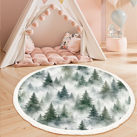 Washable Non Slip 3ft Round Rug, Watercolor Evergreen Pine Forest Misty Fog Landscape Circle Area Rugs with Tassels Carpet for Nursery Bedroom Living Room Playroom Tent rug Tent Castle