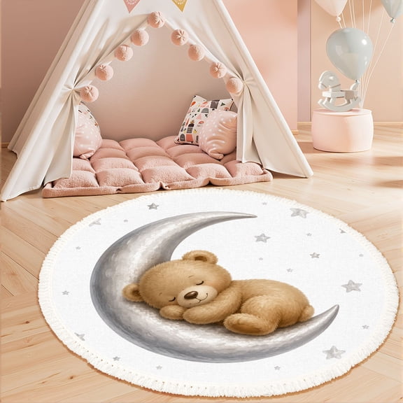 Washable Non Slip 3ft Round Rug, Watercolor brown teddy bear sleeping moon airplane toy Circle Area Rugs with Tassels Carpet for Nursery Bedroom Living Room Playroom Tent rug Tent Castle