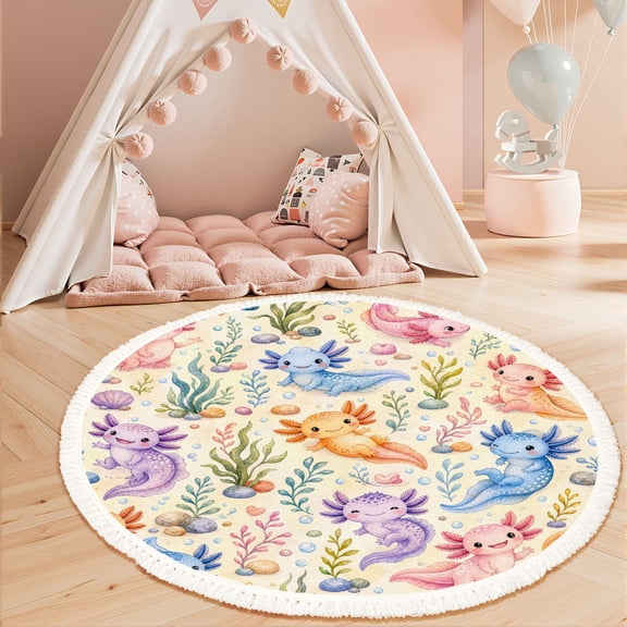 Washable Non Slip 3ft Round Rug, Watercolor cute axolotl characters Circle Area Rugs with Tassels Carpet for Nursery Bedroom Living Room Playroom Tent rug Tent Castle