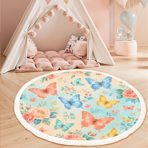 Washable Non Slip 3ft Round Rug, Whimsical Butterfly Garden Pink Roses Soft Pastel Circle Area Rugs with Tassels Carpet for Nursery Bedroom Living Room Playroom Tent rug Tent Castle