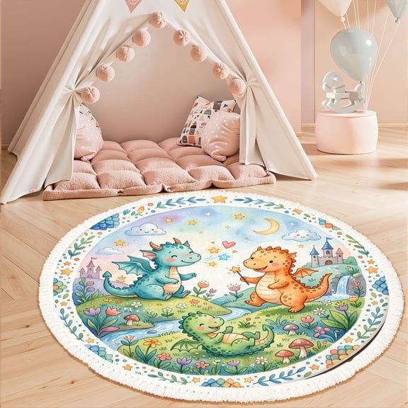 Washable Non Slip 3ft Round Rug, Whimsical Cartoon Dragons Magical Landscape Flowers Castle Circle Area Rugs with Tassels Crawling Play Mat Nursery Carpet for Children Toddlers Bedroom