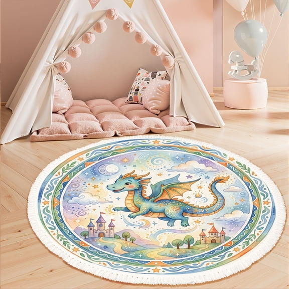 Washable Non Slip 3ft Round Rug, Whimsical Dragon Castles Swirling Night Sky Circle Carpet with Tassels for Boys Crawling Play Mat for Nursery Children Toddlers Bedroom