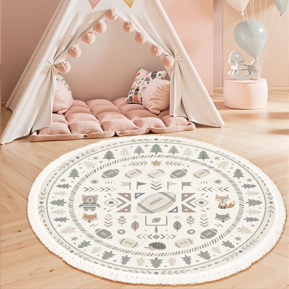 Washable Non Slip 3ft Round Rug, Whimsical Football Animal Themed Mandala Forest Circle Area Rugs with Tassels Crawling Play Mat Nursery Carpet for Children Toddlers Bedroom