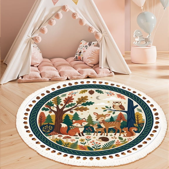 Washable Non Slip 3ft Round Rug, Whimsical Forest Animals Fox Deer Owl Squirrel Folk Art Circle Area Rugs with Tassels Carpet for Nursery Playroom Daycare Reading Nook Classroom