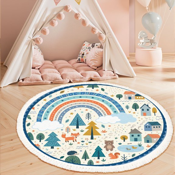 Washable Non Slip 3ft Round Rug, Whimsical Forest Scene Rainbow Woodland Animals Circle Area Rugs with Tassels Crawling Play Mat Nursery Carpet for Children Toddlers Bedroom