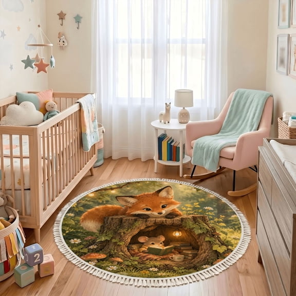 Washable Non Slip 3ft Round Rug, Whimsical Forest fairy tale Circle Area Rugs with Tassels Adorable Fox Mouse Reading Tree Stump Carpet for Nursery Bedroom Living Room Playroom Tent Rug