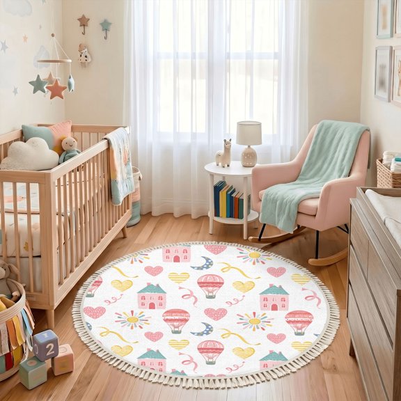 Washable Non Slip 3ft Round Rug, Pastel Purple Butterflies Stars Swirling Abstract Design Circle Area Rugs with Tassels Carpet for Nursery Bedroom Living Room Playroom Tent Rug