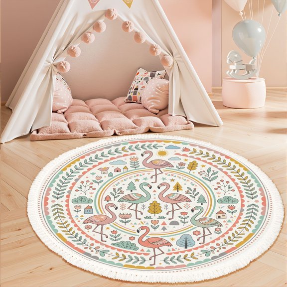 Washable Non Slip 3ft Round Rug, Whimsical Mandala Flamingos Flowers Nature Pastel Colors Circle Area Rugs with Tassels Carpet for Nursery Bedroom Living Room Playroom Tent Rug