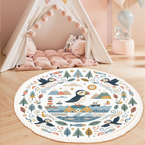 Washable Non Slip 3ft Round Rug, Whimsical Nautical Nature Elements Pastel Colors Circle Area Rugs with Tassels Carpet for Nursery Bedroom Living Room Playroom Tent Rug Tent Castle