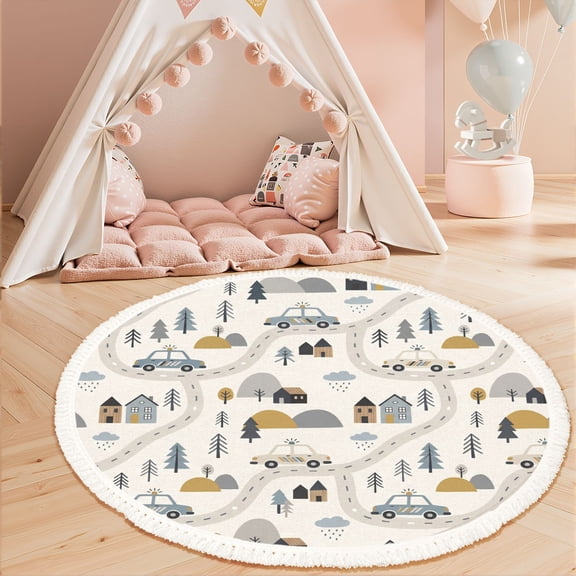 Washable Non Slip 3ft Round Rug, Whimsical Road Map Cars Houses Trees Circle Area Rugs with Tassels Crawling Play Mat Nursery Carpet for Children Toddlers Bedroom