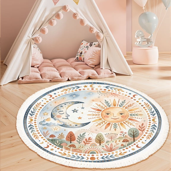 Washable Non Slip 3ft Round Rug, Whimsical Sun Moon Botanical Accents Pastel Colors Circle Area Rugs with Tassels Carpet for Nursery Bedroom Living Room Playroom Tent rug Tent Castle