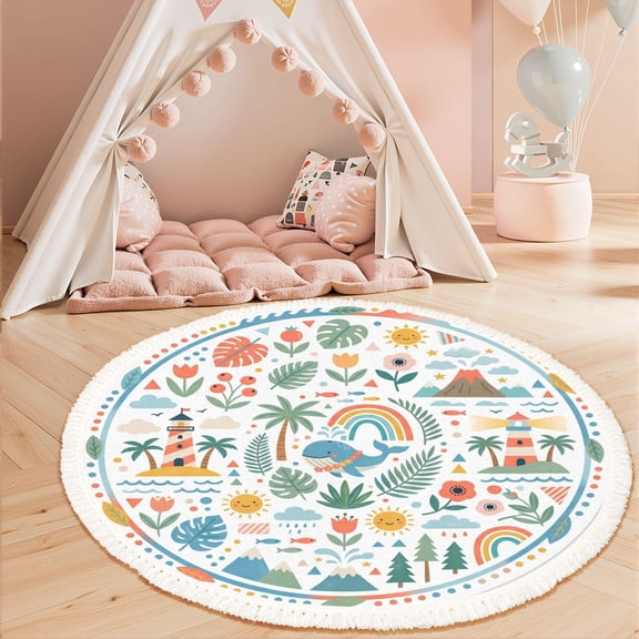 Washable Non Slip 3ft Round Rug, Whimsical Tropical Elements Lighthouse Whale Rainbows Pastel Circle Area Rugs with Tassels Carpet for Nursery Bedroom Living Room Playroom Tent Rug