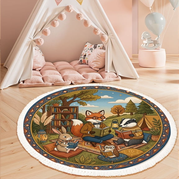Washable Non Slip 3ft Round Rug, Whimsical Woodland Animal Reading Circle Cozy Forest Camp Books Nature Circle Area Rugs with Tassels Carpet for Nursery Playroom Daycare Reading Nook Classroom
