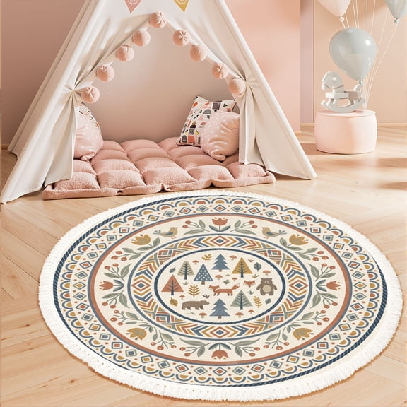 Washable Non Slip 3ft Round Rug, Whimsical Woodland Mandala Animal Illustrations Geometric Circle Area Rugs with Tassels Carpet for Nursery Bedroom Playroom Tent rug Tent Castle
