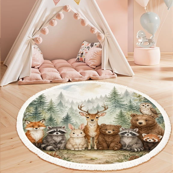 Washable Non Slip 3ft Round Rug, Woodland Animal Watercolor Forest Baby Animal Bear Pictures Fox Circle Area Rugs with Tassels Carpet for Nursery Bedroom Living Room Playroom Tent Rug