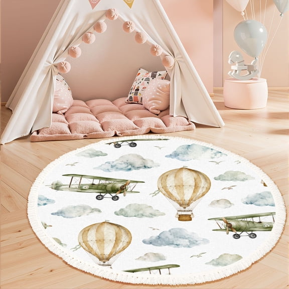Washable Non Slip 3ft Round Rug, hot air balloons retro airplanes Circle Area Rugs with Tassels Carpet for Nursery Bedroom Living Room Playroom Tent rug Tent Castle