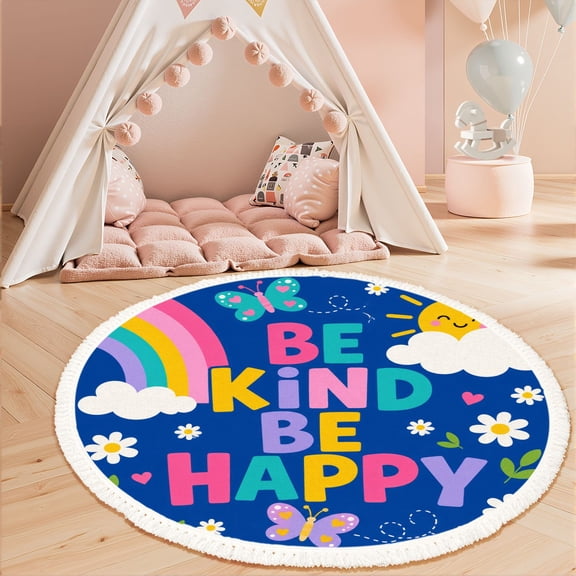 Washable Non Slip 3ft Round Rug, Be kind to your mind quotes typography design sun cloud Circle Area Rugs with Tassels Carpet for Nursery Bedroom Living Room Playroom Tent rug Tent Castle