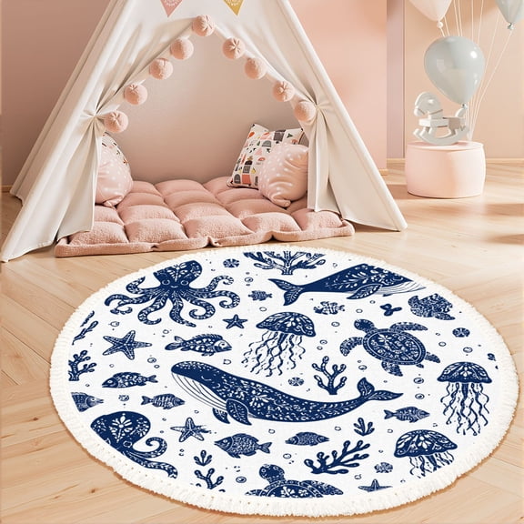 Washable Non Slip 3ft Round Rug, sea underwater animals Cute cartoon jellyfish octopus Circle Area Rugs with Tassels Carpet for Nursery Bedroom Living Room Playroom Tent Rug
