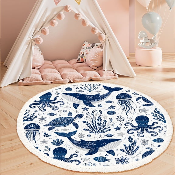 Washable Non Slip 3ft Round Rug, sea underwater animals Cute cartoon jellyfish octopus Circle Area Rugs with Tassels Carpet for Nursery Bedroom Living Room Playroom Tent rug Tent Castle