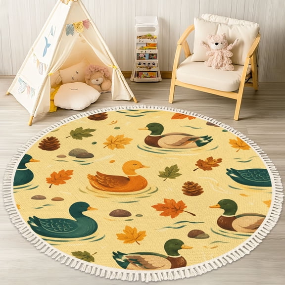 Washable Non Slip 4ft Round Rug, Autumn Lake Sunset Ducks Log Cabin Forest Circle Area Rugs with Tassels Carpet for Nursery Bedroom Living Room Playroom Tent rug Tent Castle