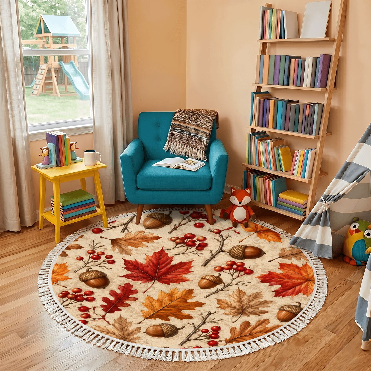 Round Rugs Bundle Washable Non Slip 4ft Round Rug, Autumn Leaves Acorns Circle Area Rugs ...